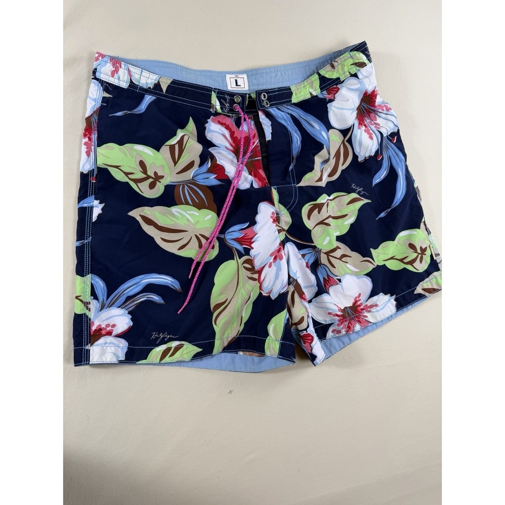 Tommy Hilfiger Mens Swim Trunks Large Navy Blue Floral Hibiscus Board Shorts